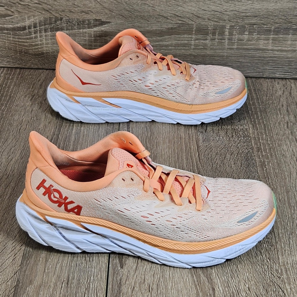 Hoka Clifton 8 Womens Running Shoes 9.5B Cantaloupe Silver Peony 1119394 CSPY